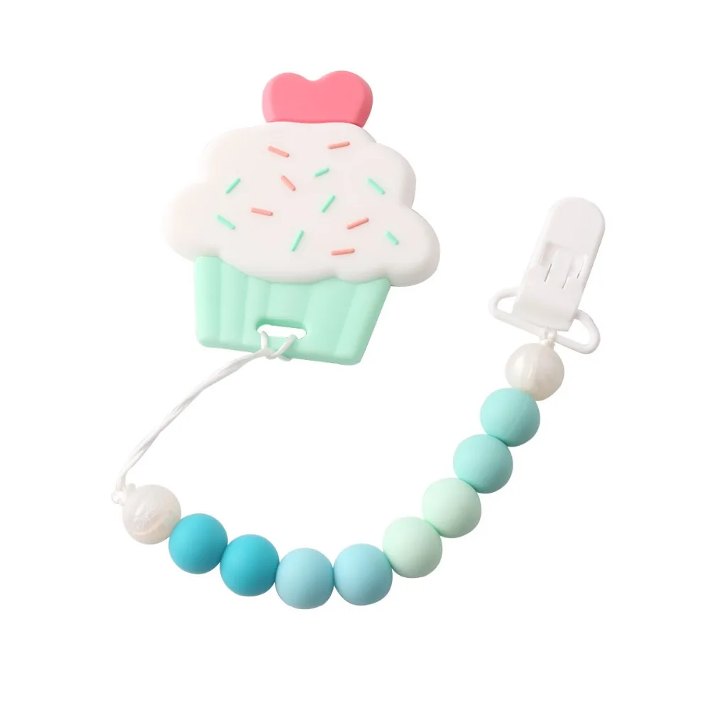 CHEWELRY Silicone Cup Cake Teething Dummy Clip Chew Wooden Beads Food