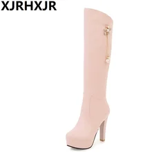 XJRHXJR/ г. новое поступление зимних женских сапог модные однотонные сапоги до колена сапоги на высоком каблуке обувь на платформе с круглым носком 34-43