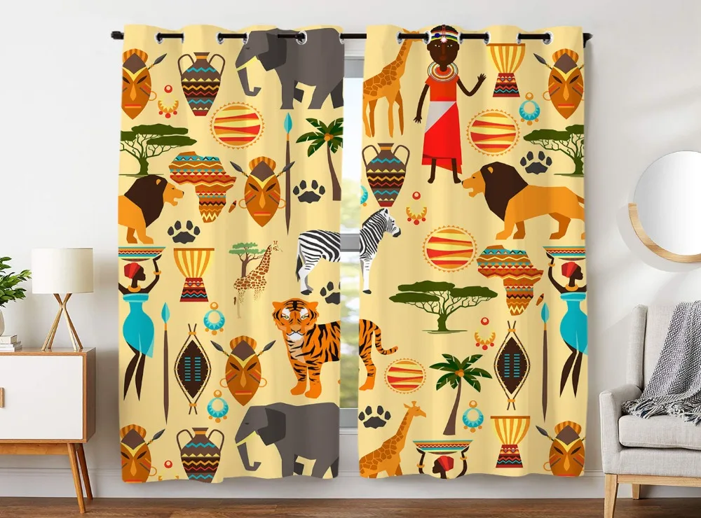 

HommomH Curtains (2 Panel) Grommet Top Darkening Blackout Room Retro Totem African Tribal Elephant Lion Tiger Zebra