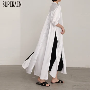 

SuperAen Korean Style Women Long Shirt Solid Color Wild Casual Fashion Blouses Female Short-sleeved Summer New 2019 Shirts