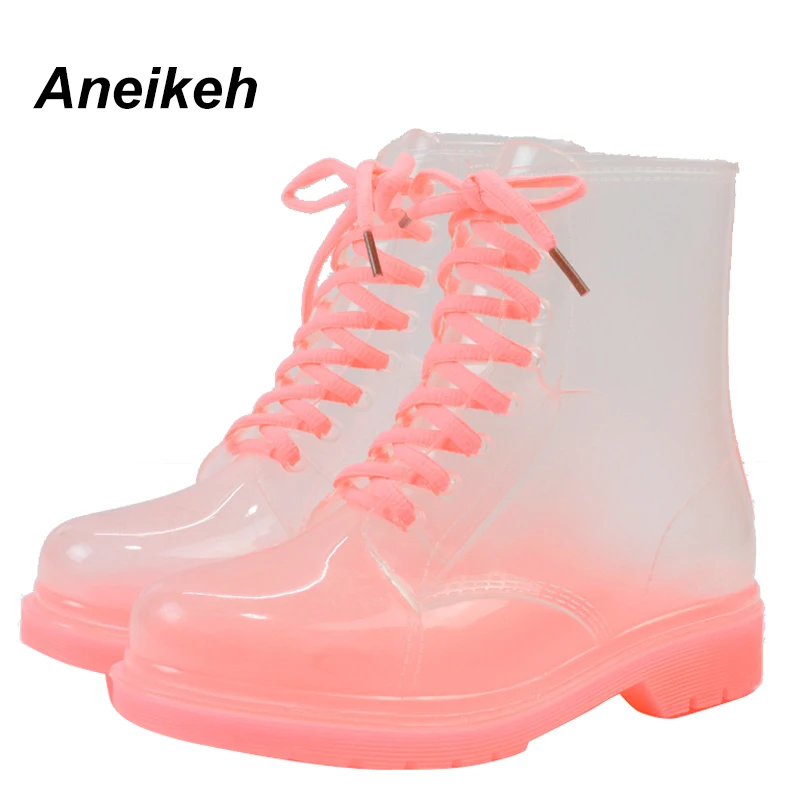 

Aneikeh 2018 Women Rain Boots Transparent Waterproof Colorful Spring Autumn Shoes Rain Boot Woman Ankle Boots Large size 40