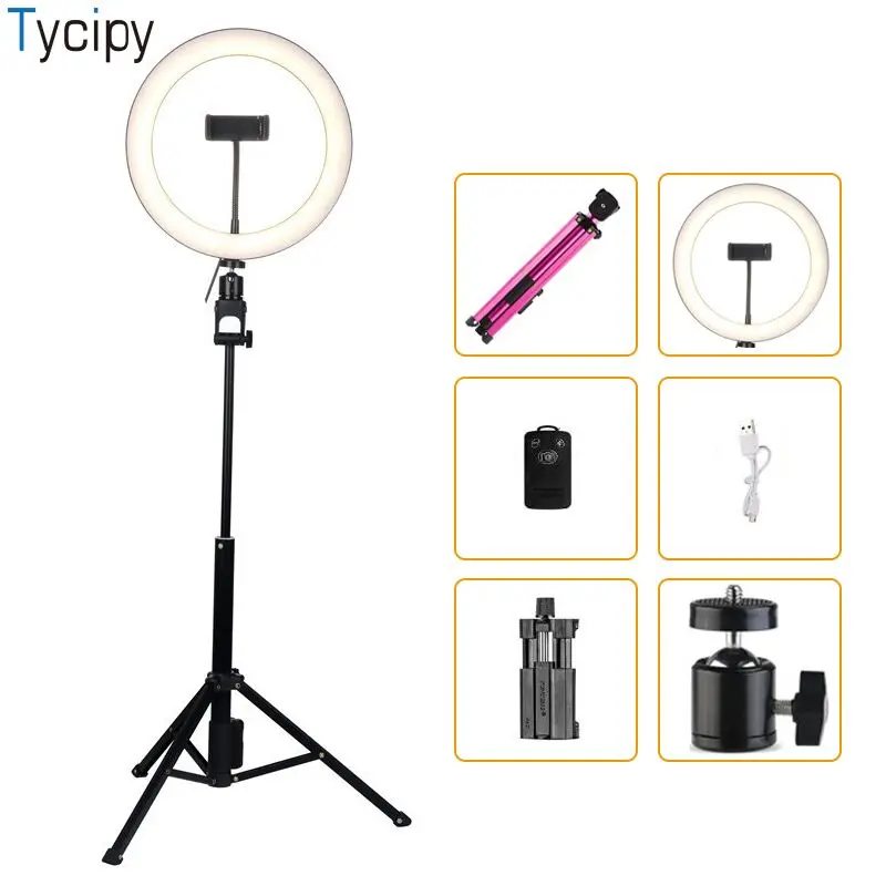 

Tycipy Ring Light LED Photography Phone Camera Studio Light Lock Selfie Stick USB Plug Phone Clip With Tripod for Youtube