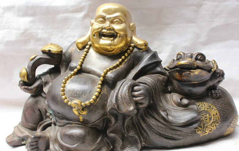 

JP S62 11" Chinese Bronze Gild Happy Laugh Maitreya Buddha Golden Toad Spittor Statue (B0328)