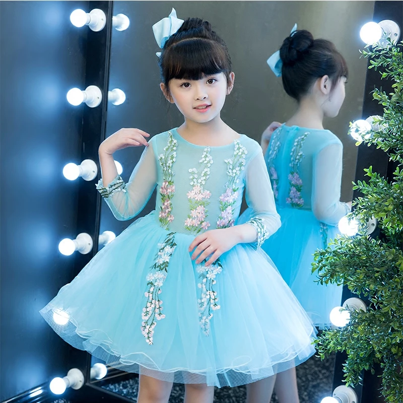 

2017 New Korean Sweet Kids Babies Blue Color Embroidery Flowers Princess Birthday Party Dress Children Ball Gown Tutu Dresses