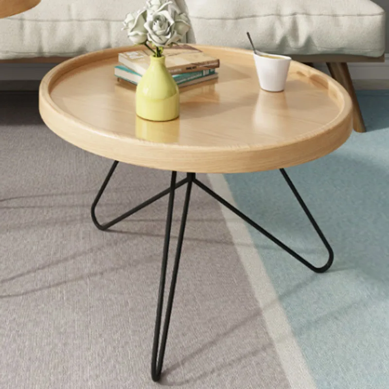 Solid Wood Coffee Table Metal Round End Table for Living Room Side Table