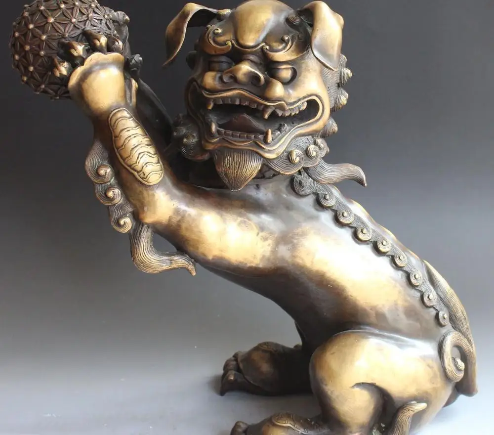 

FREE SHIPPING 18" Folk Chinese Feng Shui Pure Bronze Foo Fu Dog Guardion Lion Play Ball Statue