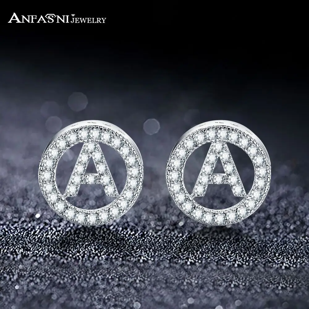 

ANFASNI New Design Round 26 Letters Earrings Clear Cubic Zirconia Stud Earrings for Women Best Friendship Jewelry Gift CER0744-B