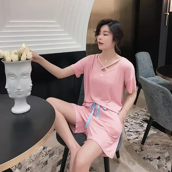 

2019 Summer New Women's Short-sleeved Shorts Cotton Home Service Sexy Pajamas Home Wearable Suit Pajamas for Women