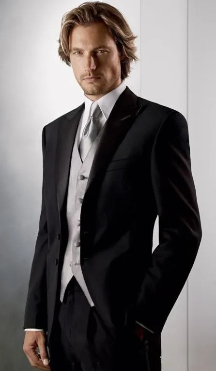 

2020 3pcs Two Buttons Groom Tuxedos Black Best Man Peak Satin Lapel Groomsman Wedding Suits Bridegroom (Jacket+Pants+Tie+Vest)