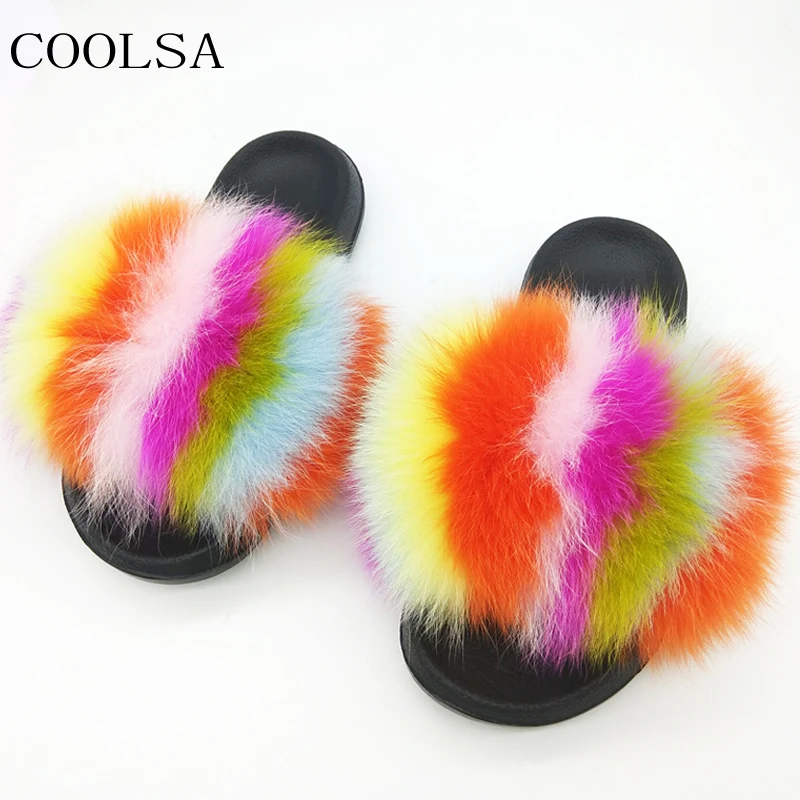 

Women's Real Fox Hair Slippers Women Fur Home Fluffy Sliders Plush Furry Flat Flip Flops Ladies Shoes Fur Sandals Large Size 45