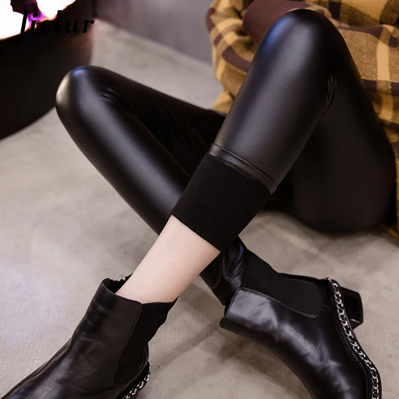 

Jielur Black Leggings Women 2019 Winter Fleece Warm PU Faux Leather Pants Office Lady New Slim Pure Color Fashion Female Leggins