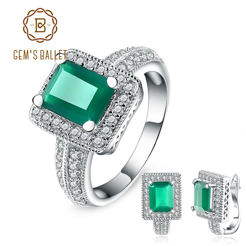 

GEM'S BALLET New 6.15Ct Emerald Cut Natural Green Agate Gemstone Jewelry Set 925 Sterling Silver Earrings Ring Set sieraden sets