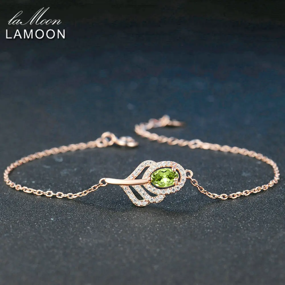LAMOON Classic Leaf 100% Natural Oval Green Peridot Sterling Silver Jewelry Rose Gold Plated Chain Charm Bracelet S925 LMHI030