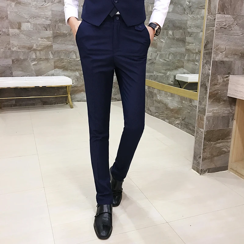 Классические тонкие одноцветные нарядные брюки, изысканные мужские Узкие повседневные офисные брюки, мужские прямые длинные мужские брюки, строгий костюм, брюки - Цвет: Синий
