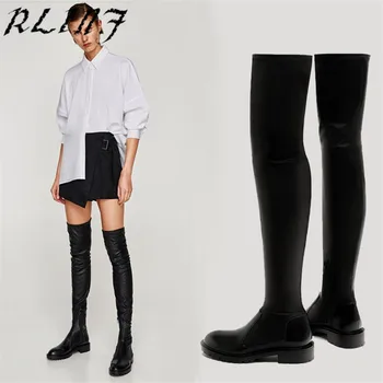 

RLINF 2018 Women Over The Knee Cow Leather Motorcycle Boots Stretch Over Knee Boots with Boots 34-40