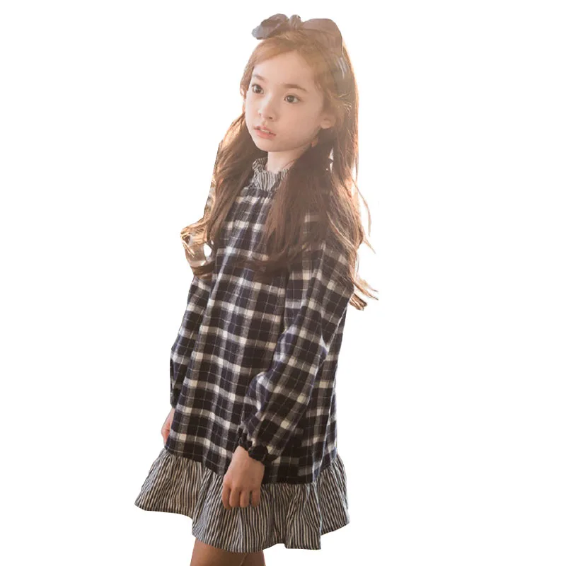 Платье для девочек коллекция года, Осеннее Хлопковое платье в клетку с оборками школьная одежда в консервативном стиле для крупных девочек Детский костюм принцессы для детей возрастом 6, 8, 10, 12, 14 лет
