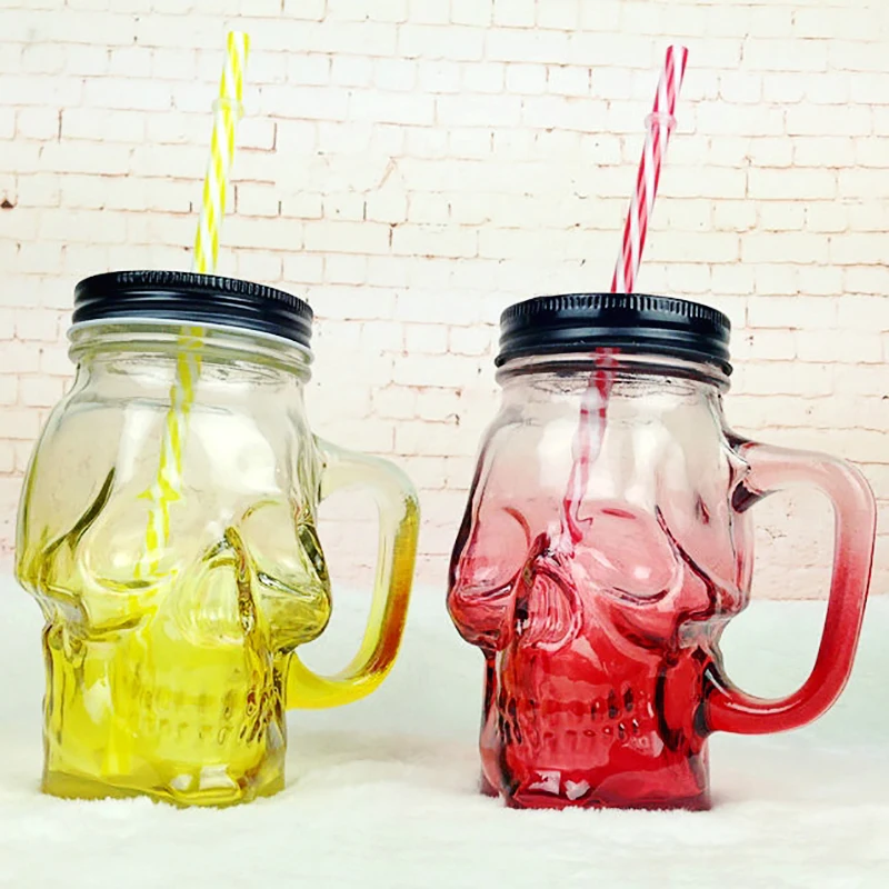 

500ml colored skull straw mug with lid handle Mason bottle juice drink straw cup gradient creative mug cold drink cup