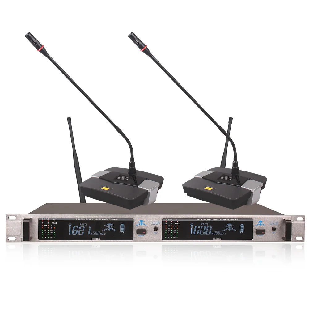 ميكروفون لاسلكي نظام 308GT ميكروفون مهني 2 قناة UHF الديناميكي المهنية 2 مؤتمر معقوفة سطح المكتب