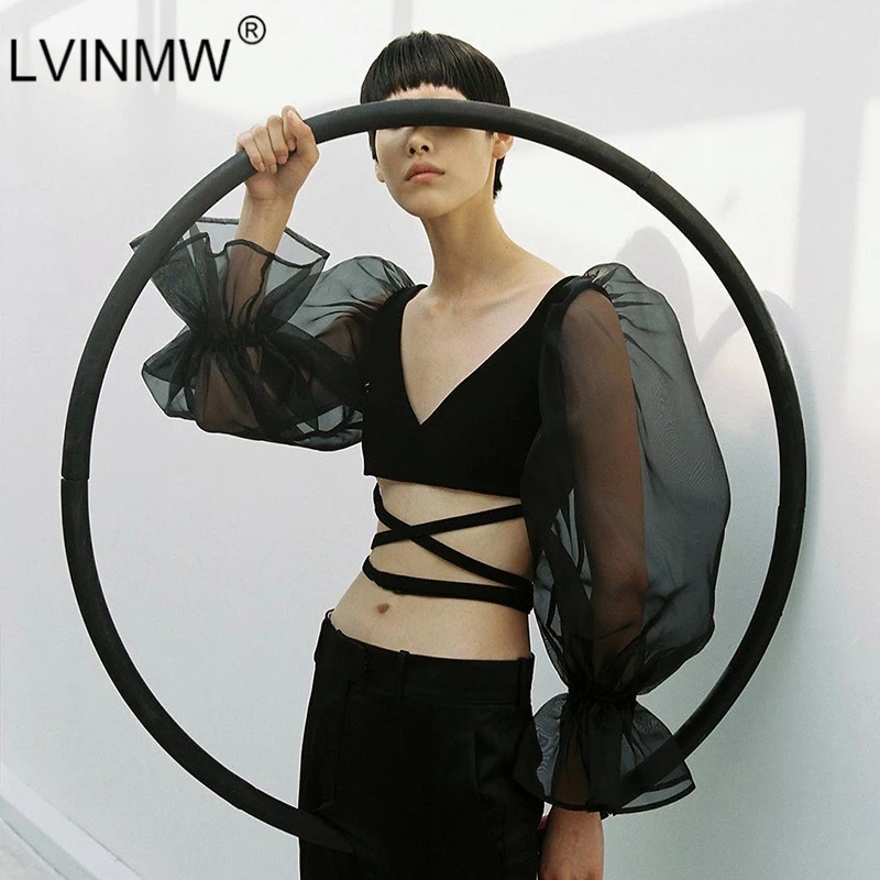 LVINMW Sexy Mesh See Through lantern с длинным рукавом Crop Tops 2019 Весна Женщины Backless Patchwork Slim U Neck T Shirt