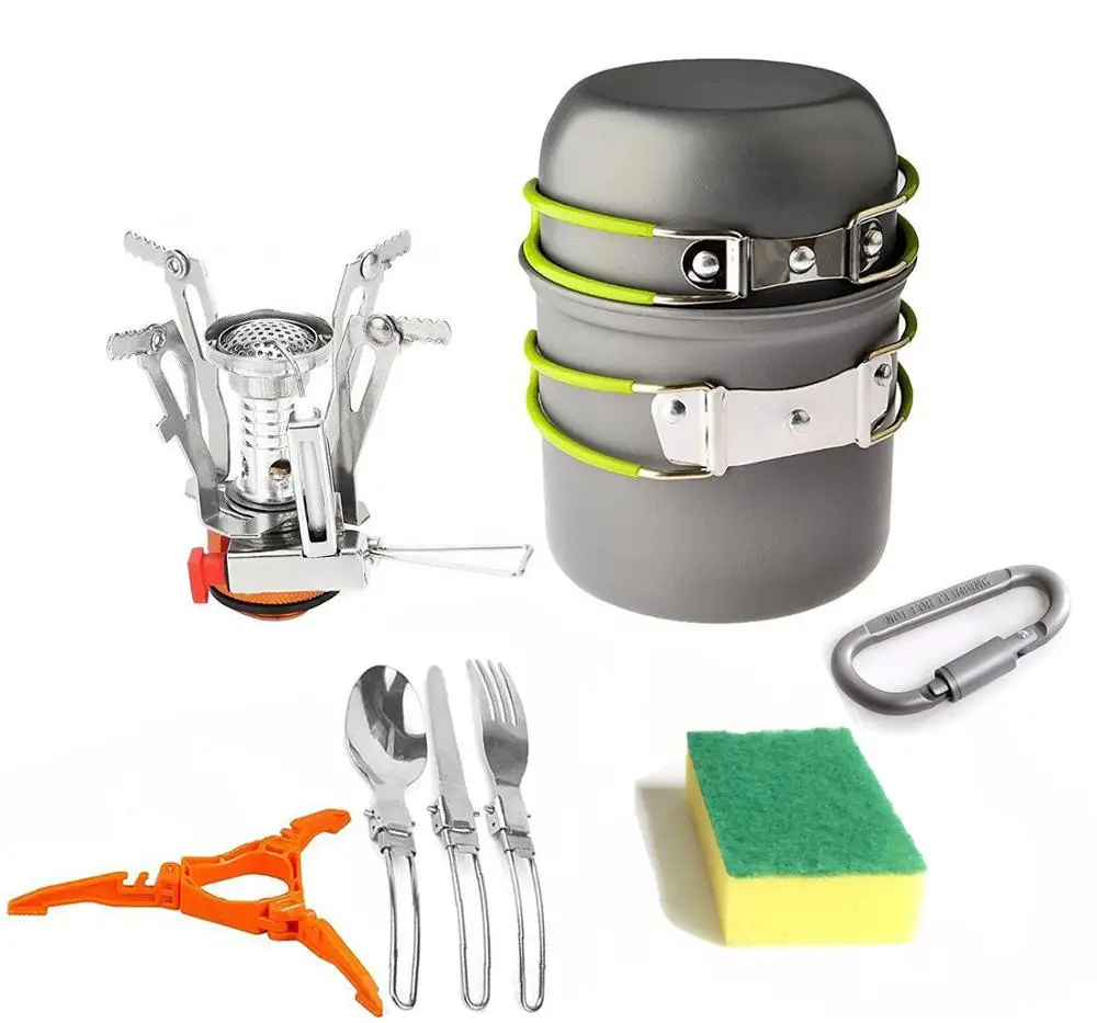 

Outdoor Camping Aluminum Cookware Set Portable Cooking Pan Pot Set Cookware Mess Kit Carabiner Backpacking Hiking Picnic Fork