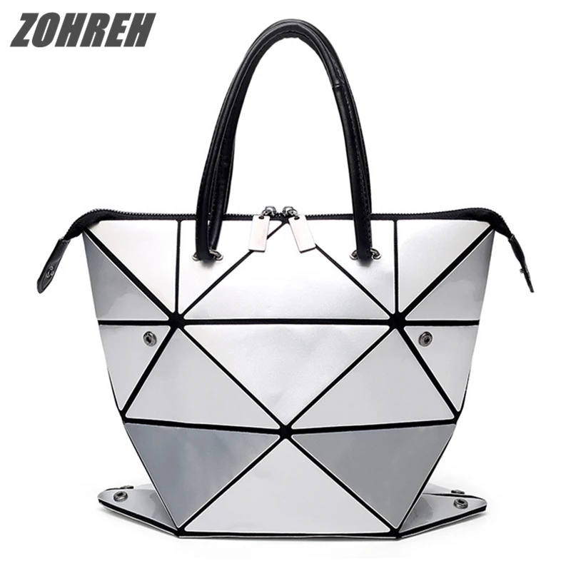 

ZOHREH 2018 New Women Folded Handbags PU Leather Geometric Plaid Variety Shoulder Bag with Scarves Issey Miyak Diamond Tote Bags