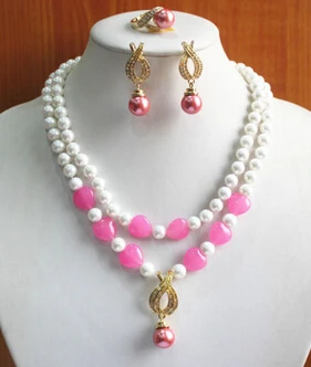 

Free shipping .496 New Charming 2Rows White Pearl&Pink Heart Necklace Earring Ring Jewelry Set