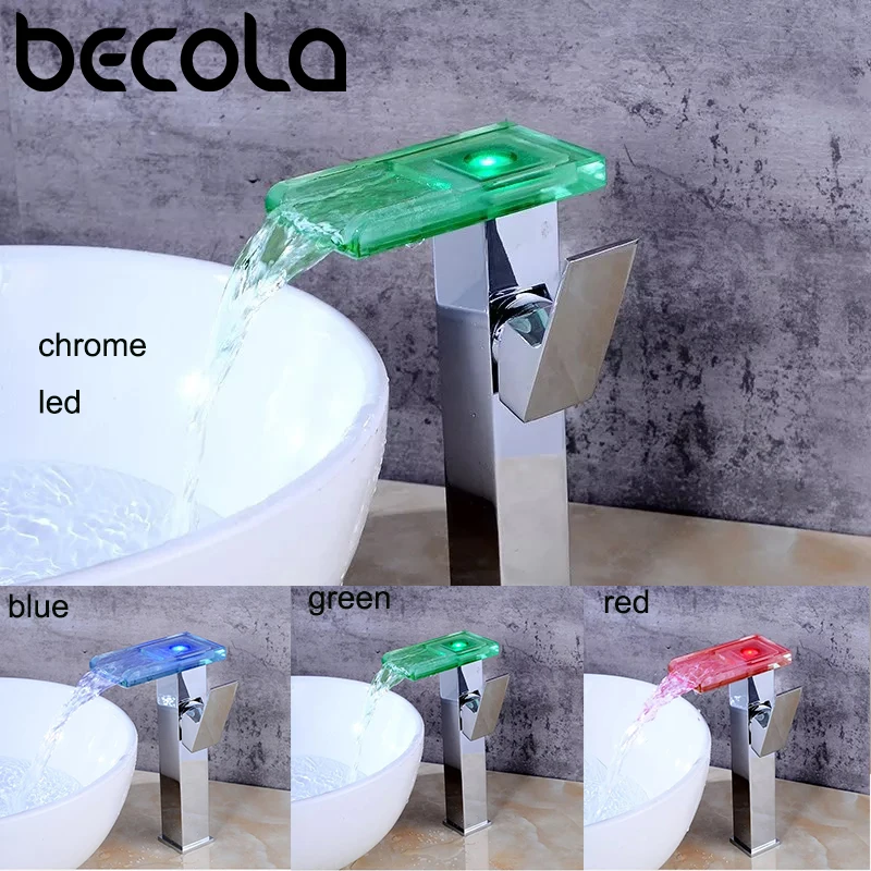 BECOLA LED Chrome Faucet Bathroom Sink Faucet Waterfall Faucet Led