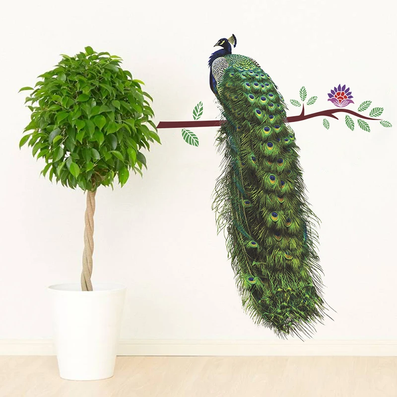 Colourful Animals Peacock On Branch Feathers Wall Stickers 3D Vivid Wall Decals Home Decor Art Decal Poster Animals Home Decor