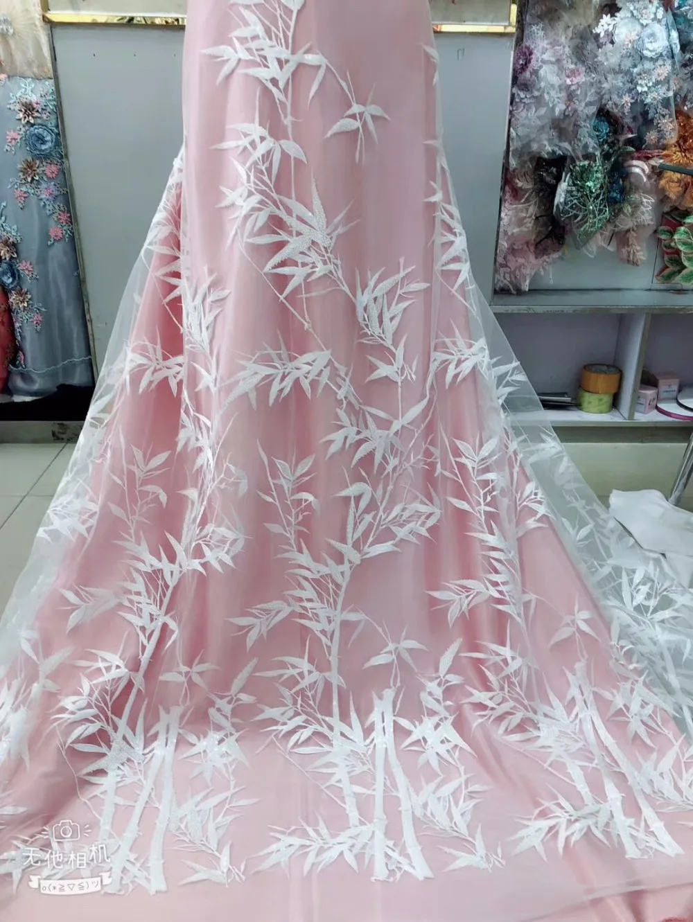 

1 yard Off White Lace Fabric with Heavy Sequin Embroidered Chinese Style Bamboo,Upscale Handmade Sewing Bead French lace fabric