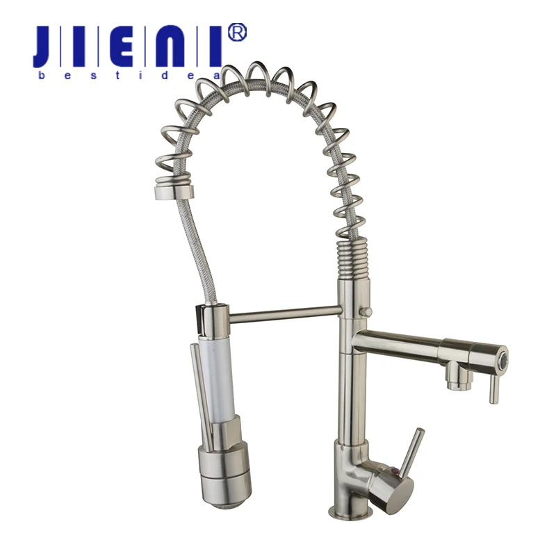 

LED Nickel Brushed Kitchen Swivel Spout Faucet Double Water Outlet Kitchen Sink Pull Down Spray Hot & Cold Water Mixer Taps