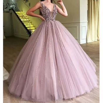 

Abendkleider 2018 Evening Dresses Sparkle Beaded Tutu Ball Ball Gowns Crystal Pearls Vintage Long Evening Gowns V-neck Prom Gown