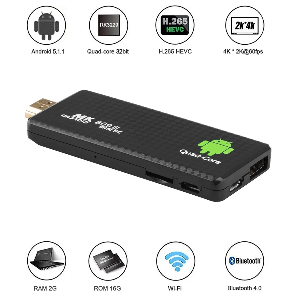 MK809 III Android 5,1 ТВ ключ RK3229 четырехъядерный 2 Гб 16 Гб 4 к 3D AirPlay Miracast DLNA H.265 WiFi умный медиаплеер