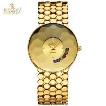 

KINGSKY Luxury Brand New Design Women Dress Watch Fashion Simple Quartz Watch Diamond Gold Bracelet Watches Relogio Feminino