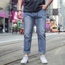  Plus-size Spring Autumn Men Stretch Blue Denim Trousers Scratched Ripped Bur Leg Loose Man Stretch Quality Comfortable Jeans