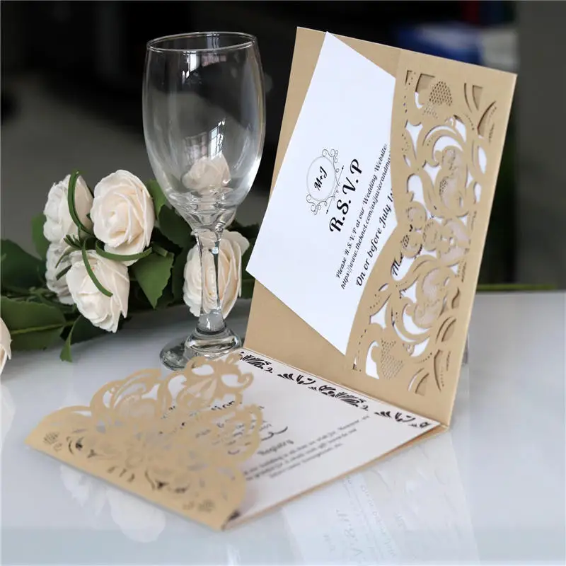 10 шт трехкратный лазерный вырез ажурный цветок набор свадебных пригласительных открыток открытка высокого класса бизнес-деловая работа - Цвет: Золотой