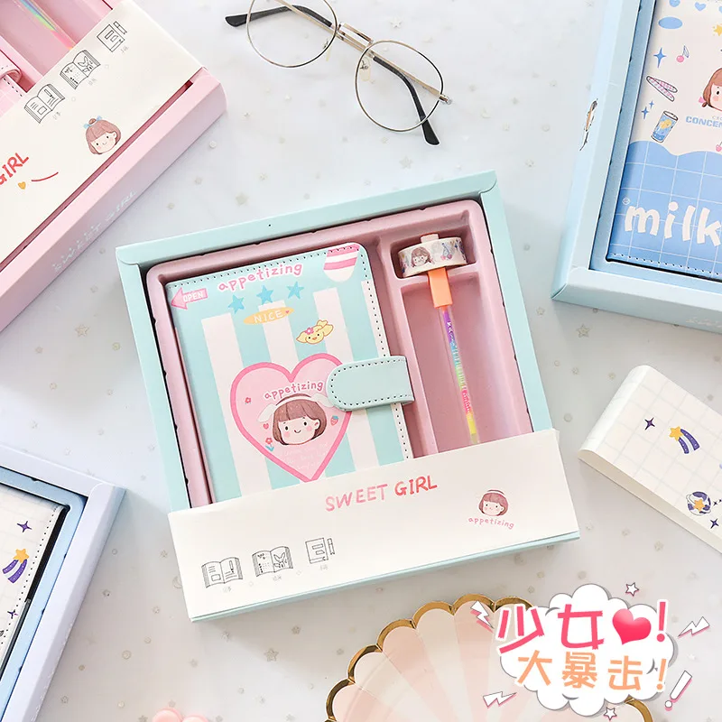 

Pink sweetheart girl buckle this student with Korean department plan this notebook set gift box