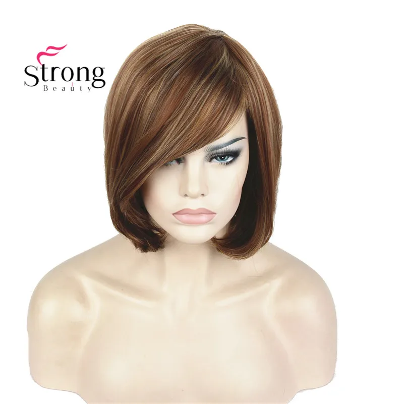 StrongBeauty короткий прямой коричневый выделенный Боб сторона подметает челка синтетический парик выбор цвета