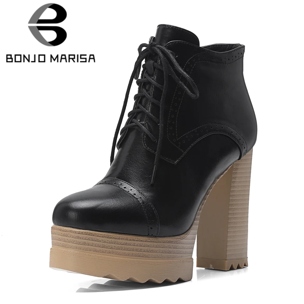 

BONJOMARISA Large Size 32-42 lace-up Fretwork Thick Platform Ankle Boots Women Winter 2019 lace-up High Heels Shoes Woman