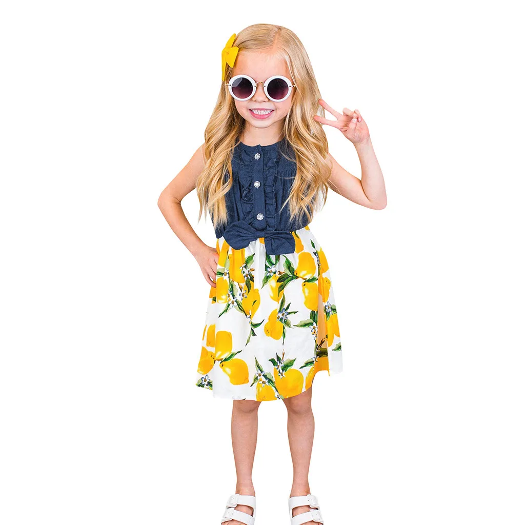 

Girls Summer Dress Cotton Casual Sleeveless lemon Splice Denim Princess Party Dresses Children Costume for Kids Clothes k0318