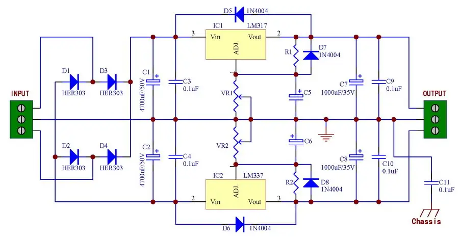 Питание комплект платы, PCB, основанный на LM317& LM337 IC