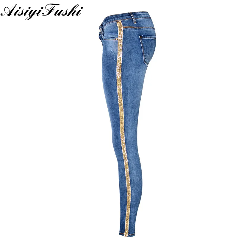 Patchwork Skinny Jeans With Stripes Denim Jeans For Women Denim Trouser Stretch Pencil Pants Blue Side Striped Jeans Women