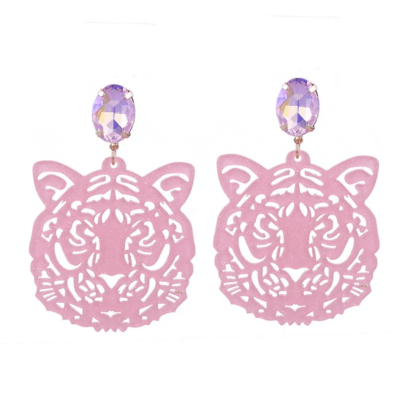 Sehuoran, полимерные серьги с головой тигра, женские серьги с кристаллами, новые модные свисающие серьги Brincos Oorbellen - Окраска металла: Flash Pink