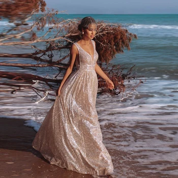 

2019 Spring New Sparkly Long Prom Gowns V Neck Sleeveless Gold Sequins Glitter Gala Dress Custom Made Cheap Formal Evening Gowns