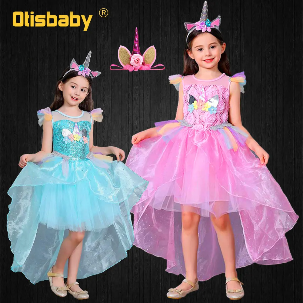 

Halloween Child Floor Length Unicorn Dress Birthday Party Gown Princess Pony Girl Costume Rainbow Dash Tail Kids Horse Clothes