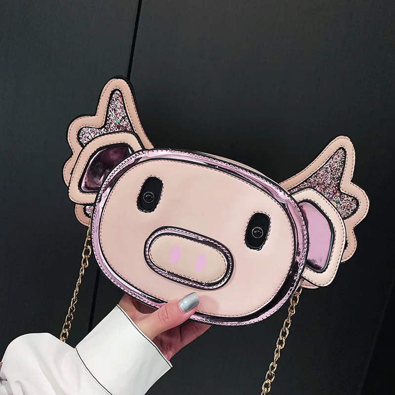 

2019 Harajuku Sequins Pig Chain Crossbody Bag Wing Shoulder Messenger Bag Casual Women Bag Party Clutch Purse Lady Hand Bags