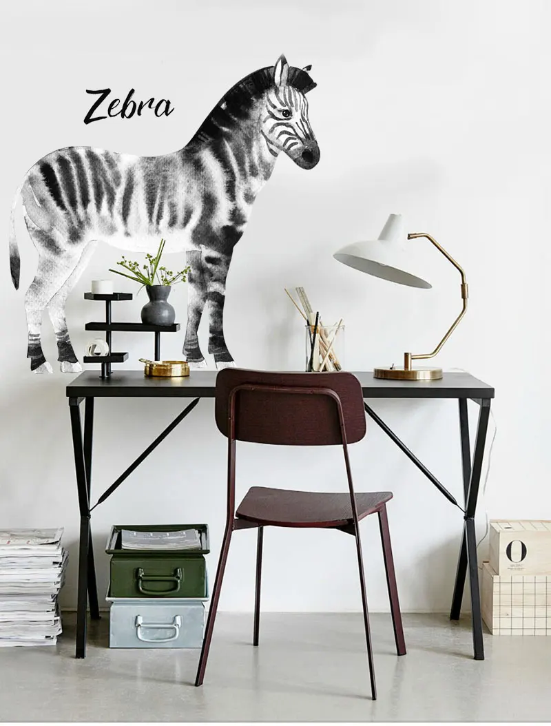 Наклейка на стену с изображением лошади зебры, современный черно-белый Декор для дома, аксессуары для гостиной vinilo pared, наклейка с акварельным принтом