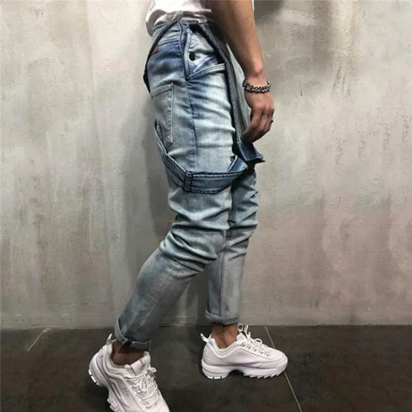 New Men Summer Autumn Fashion Overall Casual Jumpsuit Jeans Wash Broken Pocket Trousers Suspender Pants Brief Joggers Pant #4R06 (3)