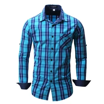 

New foreign trade men 's casual long - sleeved shirt cotton large lattice cowboy printing