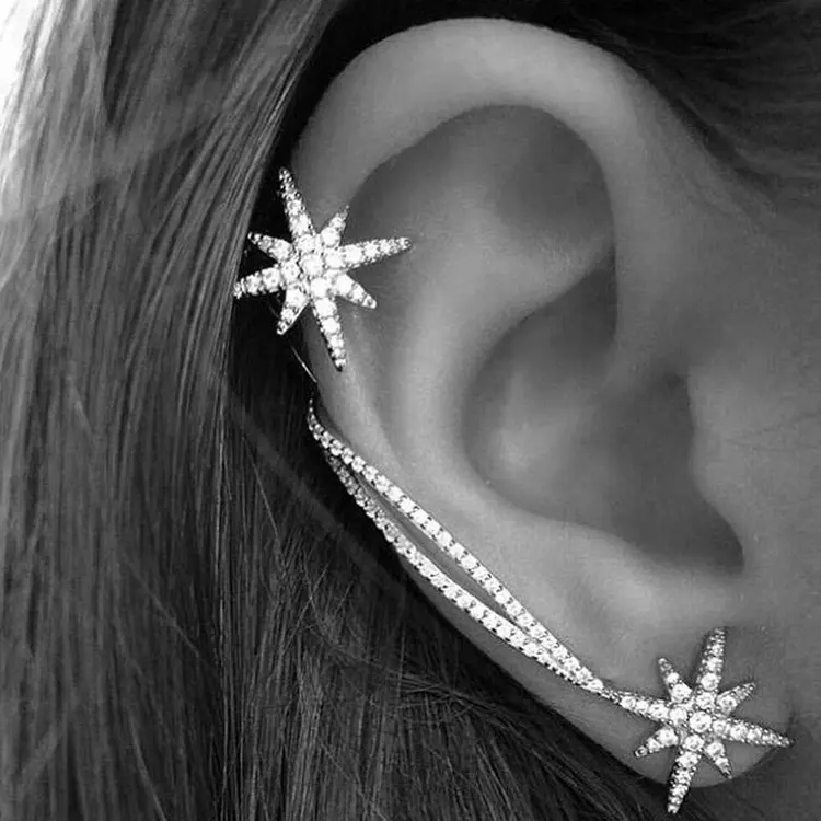 

Luxury New Arrvial Asymmetric Silver Star Ear Clip Stud Earrings For Women Personality Cubic Zirconia Monaco Fashion Jewelry