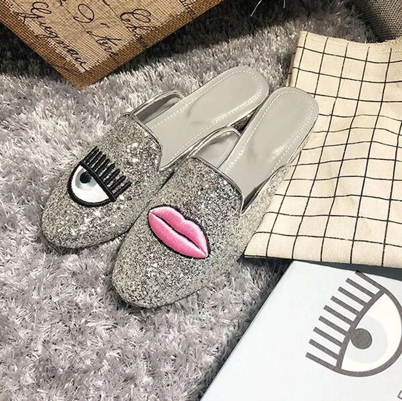 Stylesowner большие глаза рот вышивать половины тапочки Серебряный bling с круглым